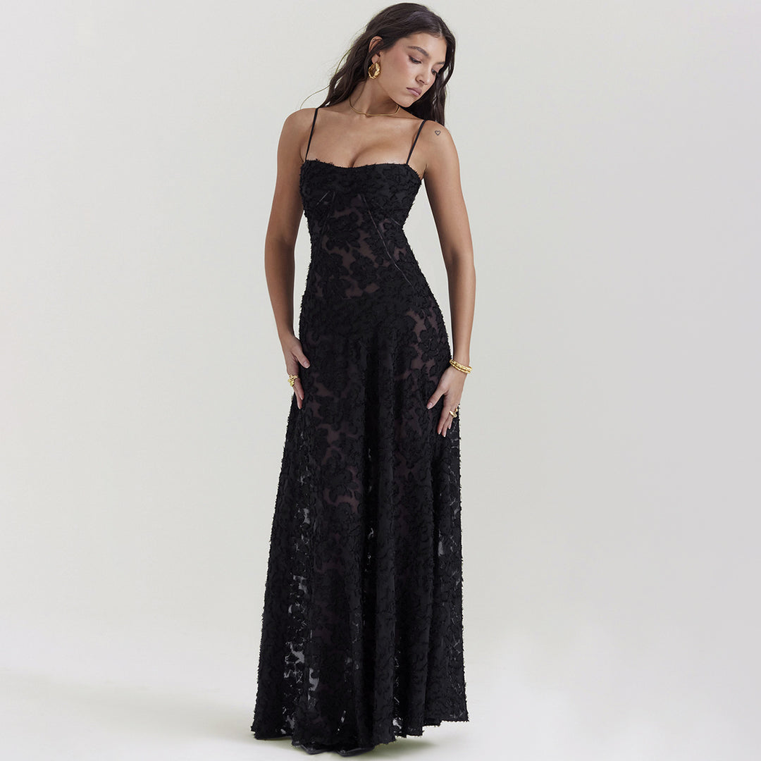 Damen elegantes Abendkleid mit feinen Spitzenverzierungen und Spaghettiträgern EB