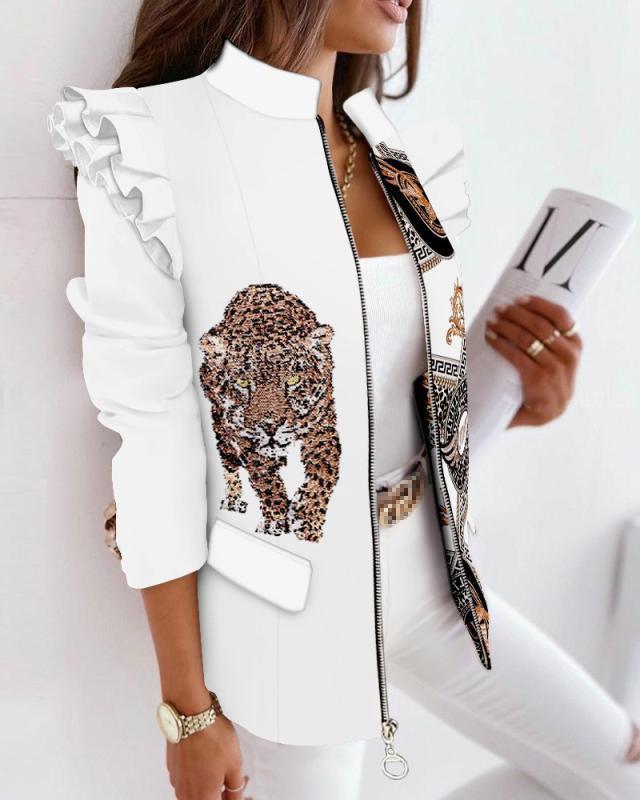 Damen nan Leo-Blouson mit Volantärmeln, Stehkragen und Zipper-Front EB