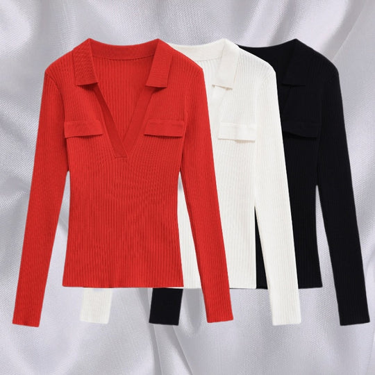 Damen Langarmshirt mit V-Ausschnitt und dekorativen Taschen EB