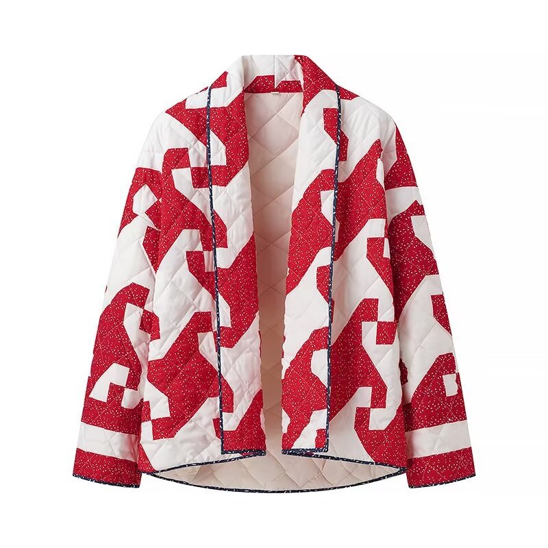 Damen gesteppte Jacke mit modernem Geometrie-Muster und offenem Schnitt EB
