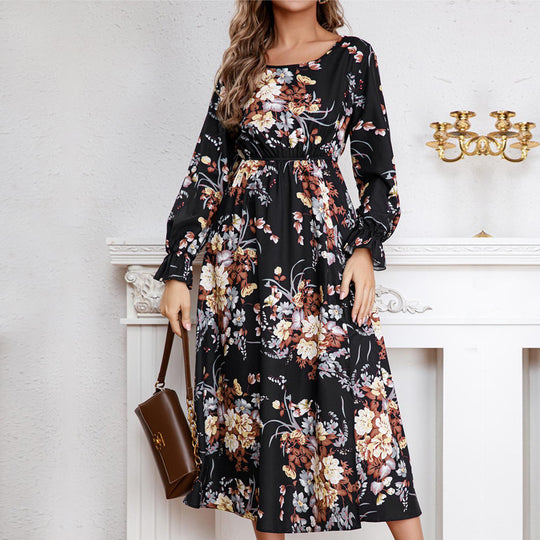 Damen Maxikleid mit floralem Design und hochgeschlitztem Saum EB
