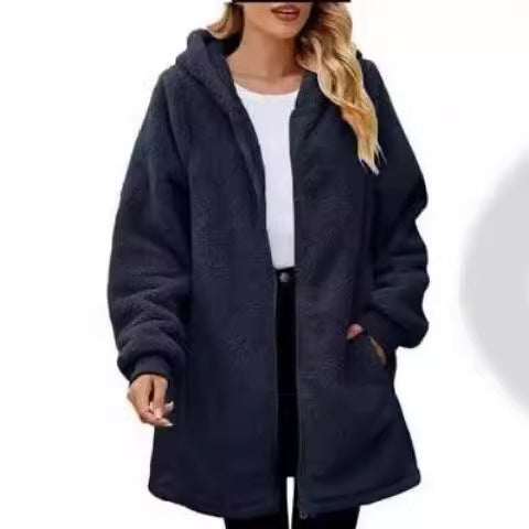 Damen Kapuzenmantel aus kuscheligem Fleece mit großen Taschen und Reißverschluss EB