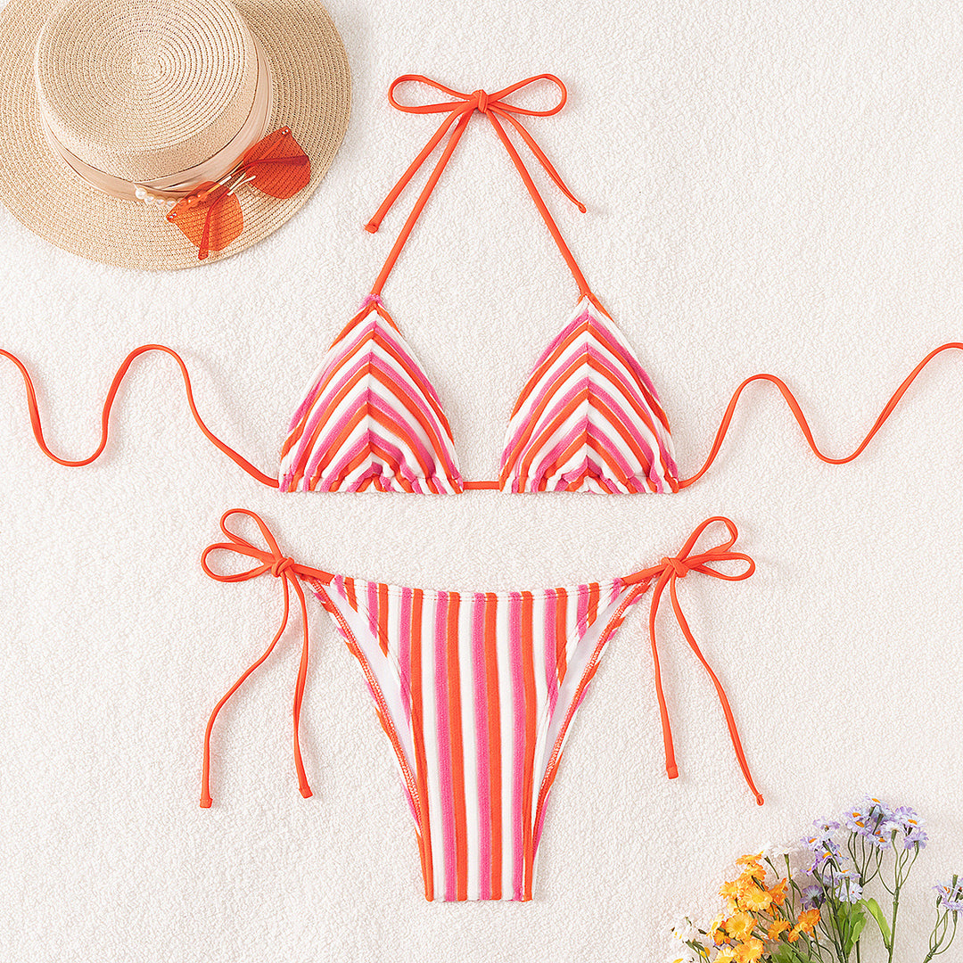 Damen Triangel-Bikini mit raffinierten Streifen und verspielten Schleifen EB