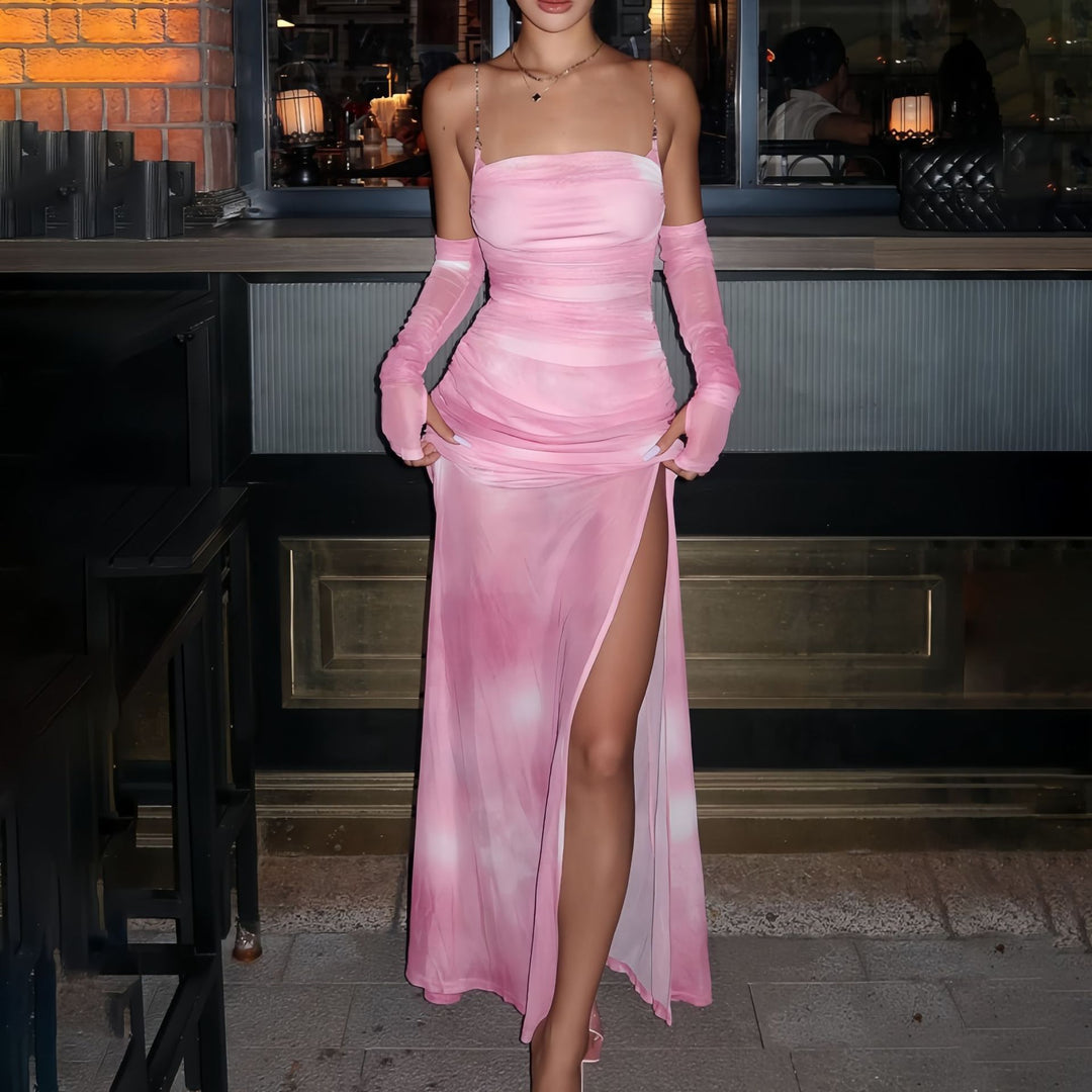Damen Maxikleid mit raffinierten Rüschendetails und transparenten Ärmeln EB