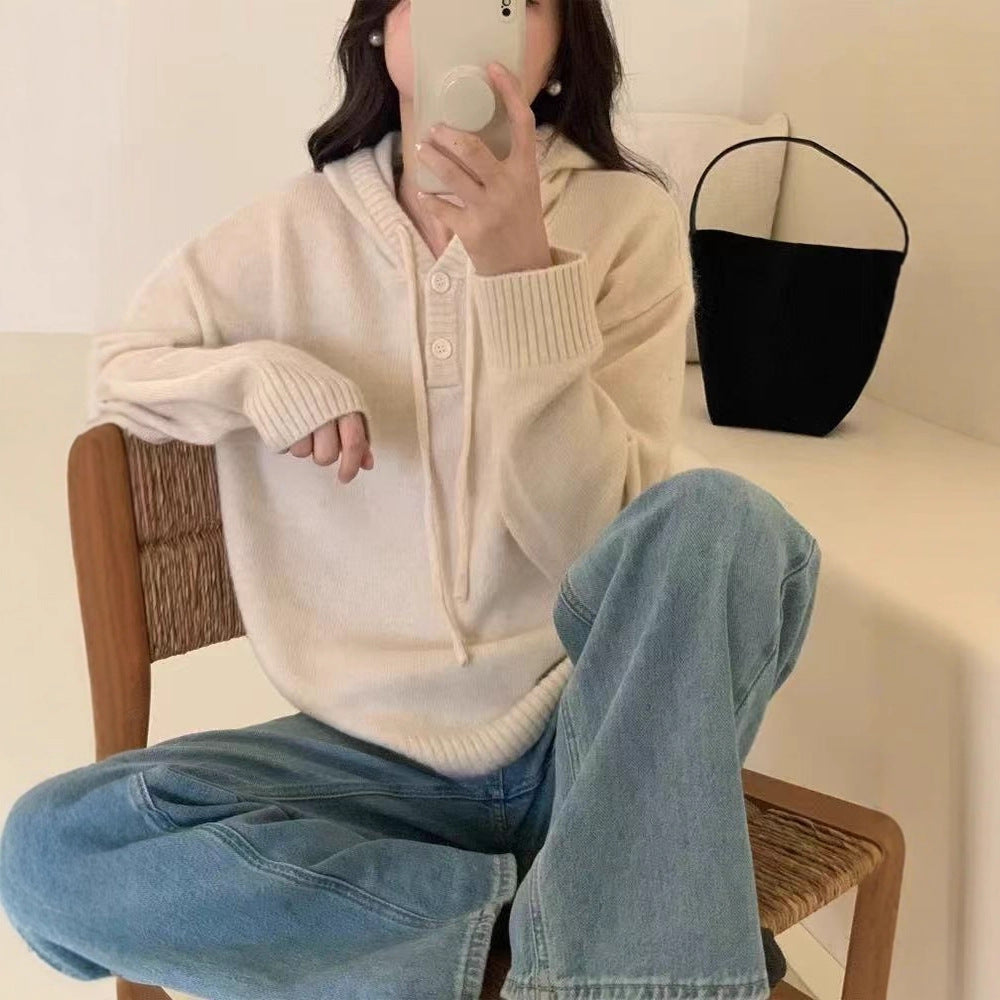Damen Hoodie-Pullover mit Knöpfen und hohem Kragen EB