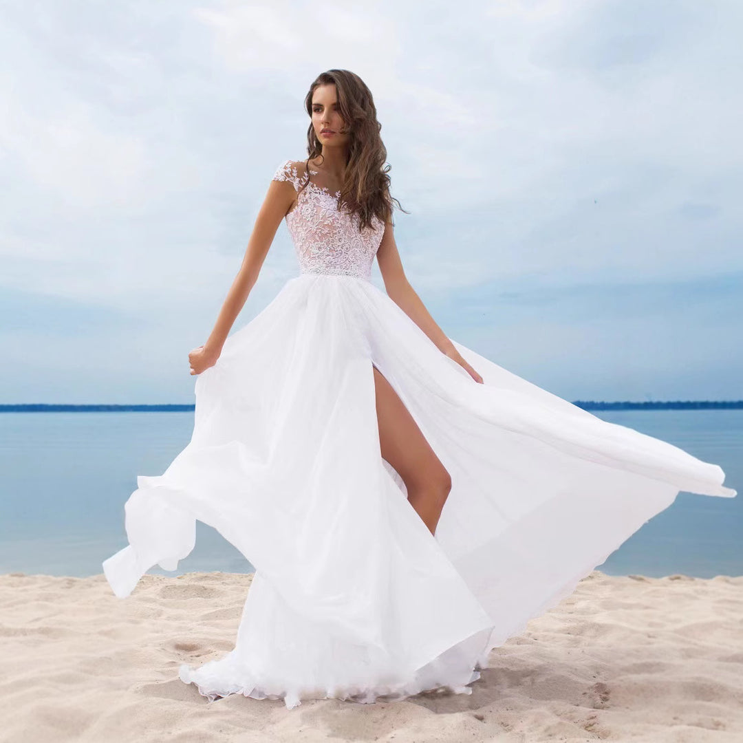 Damen Hochzeitskleid mit elegantem Spitzenoberteil und schwingendem Rock EB