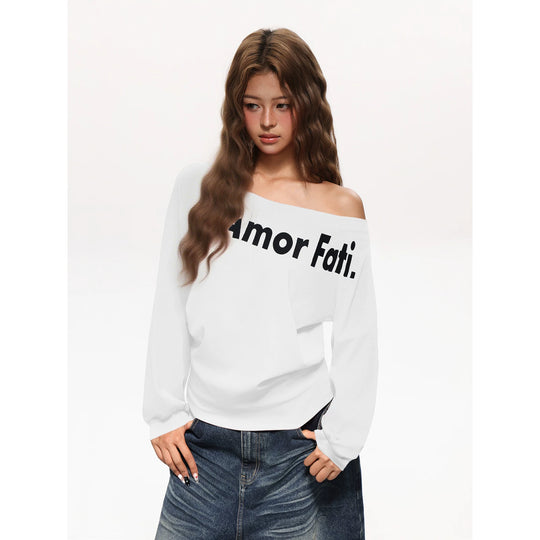 Damen nan asymmetrisches Sweatshirt mit überschnittenem Ausschnitt, diagonalem typografischem Print und ballonartigen Ärmeln EB