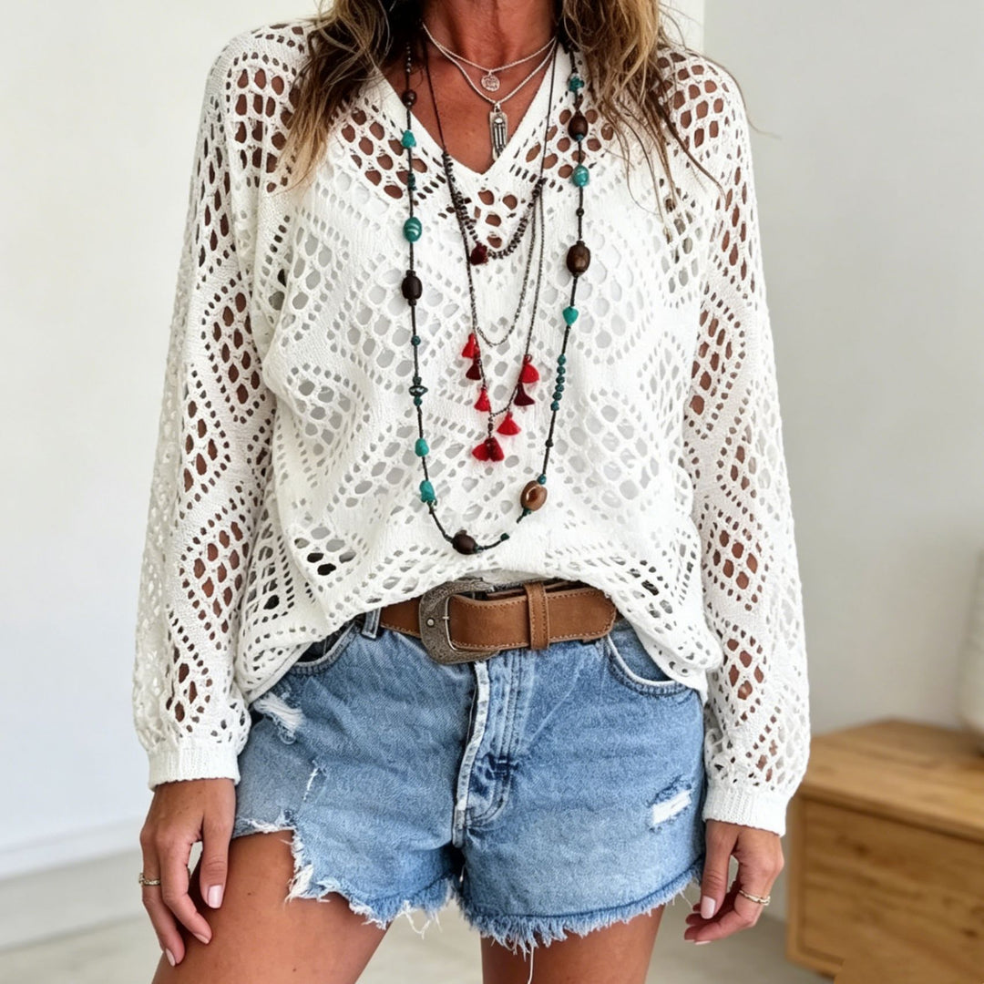 Damen Grobstrick-Häkelpullover mit offenen Maschen und V‑Ausschnitt EB