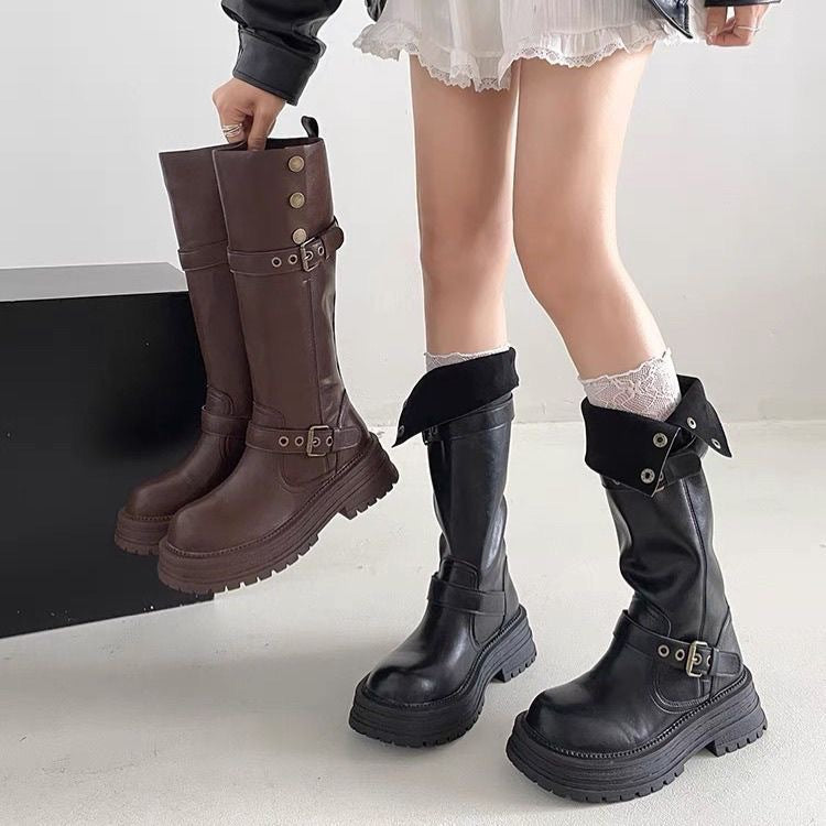 Damen Modische und robuste Stiefel mit verstellbarem Riemen und Schnalle EB