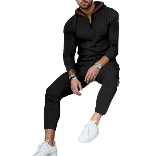 Herren nan Slim-Fit Waffel-Strick Kapuzen-Set mit Halbzip, kontrastgefütterter Kapuze und tapered Jogginghose EB