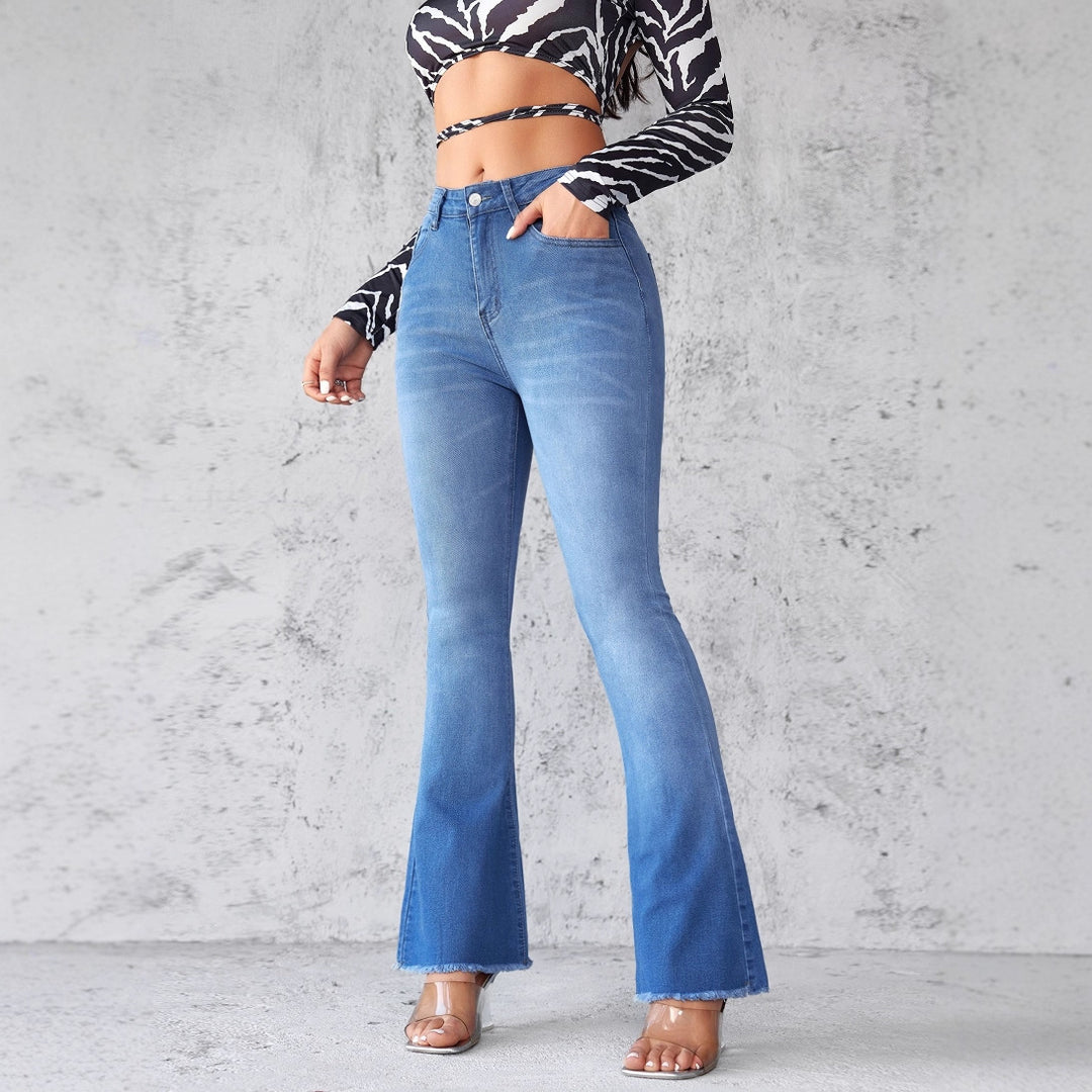 Damen Schlagjeans mit hohem Bund und modischen Fransen EB