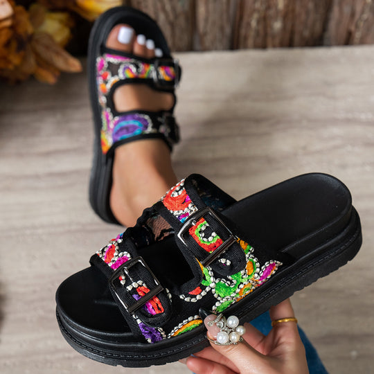 Damen Sandalen mit buntem, verziertem Riemendesign EB