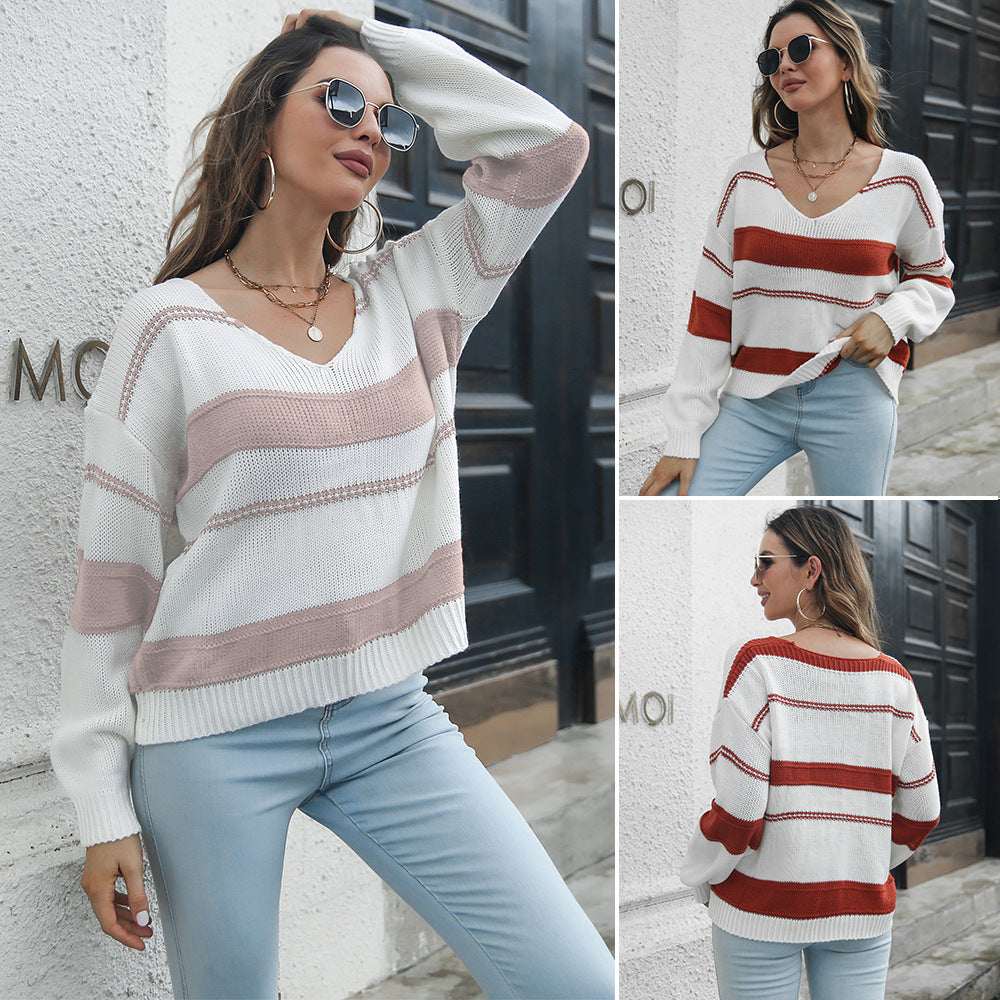 Damen V-Ausschnitt Strickpullover mit gestreiftem Design und lässigem Schnitt EB