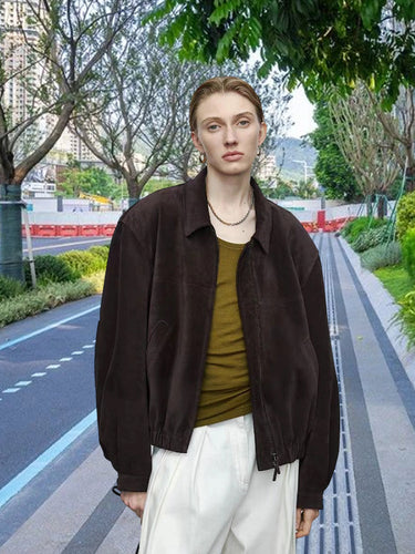 Damen Luxuriöse Wildlederjacke mit elastischem Bund und lässigem Schnitt EB