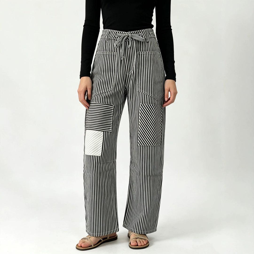 Damen nan High‑Waist Relaxed‑Hose mit vertikalem Streifenmuster, aufgesetzten Knie‑Patches und Kordelzug EB