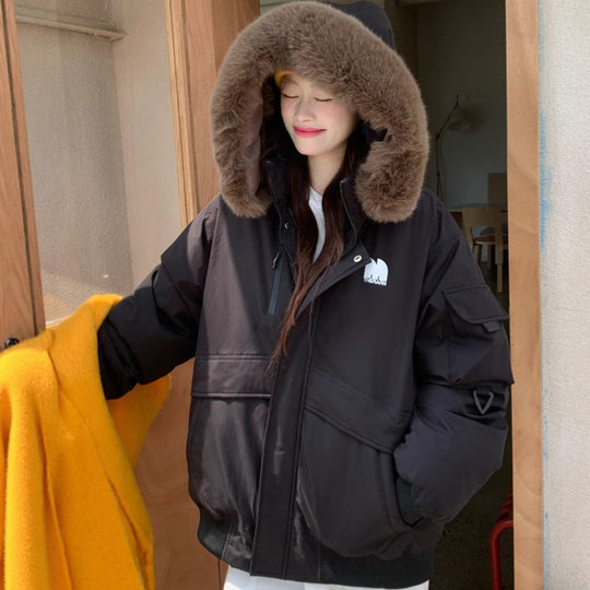 Damen Oversized Winterjacke mit abnehmbarem Kunstfellkragen und großen Taschen EB