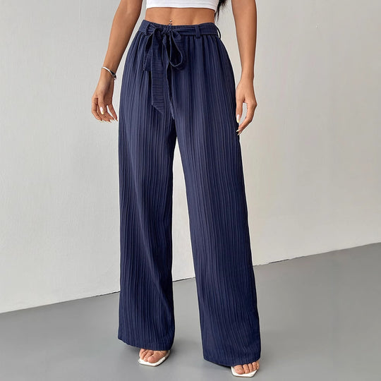 Damen Weite Plissee-Hose mit Bindeband und elastischem Bund EB
