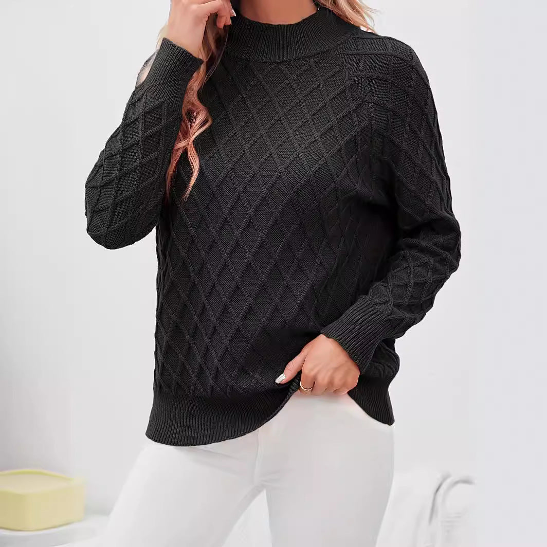 Damen Grobstrickpullover mit Rautenstruktur und Stehkragen EB