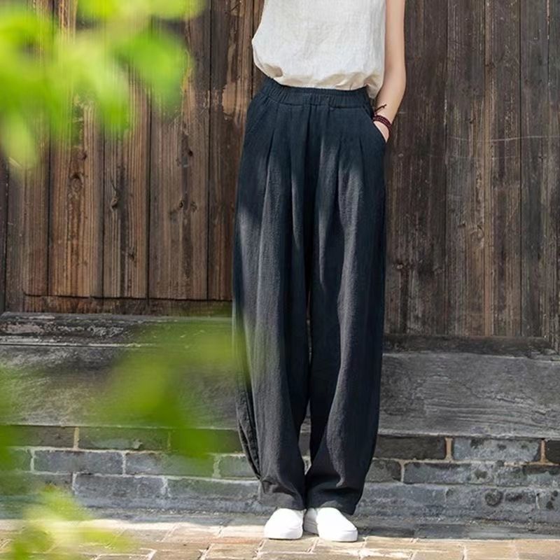 Damen weite Leinenhose mit elastischem Bund und seitlichen Taschen EB