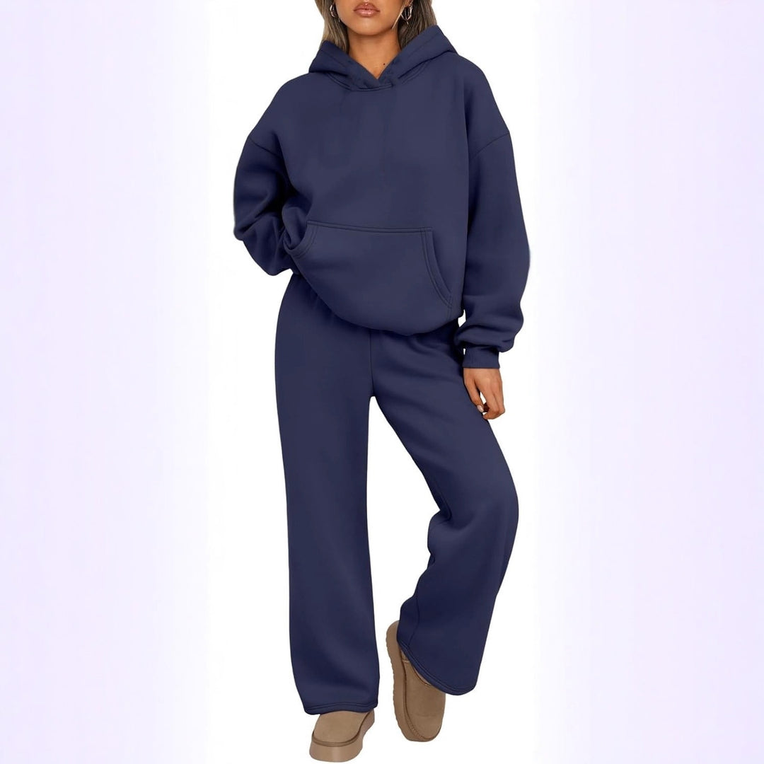 Damen nan Cozy-Loungewear-Set mit oversized Kapuzenpullover, Kängurutasche und weiten Palazzo-Jogginghose EB