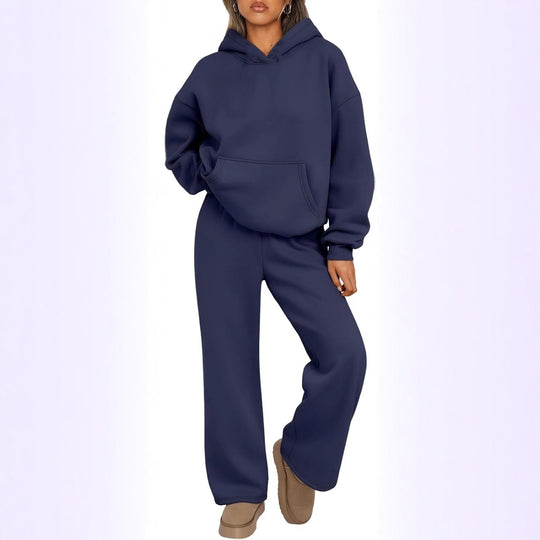 Damen nan Cozy-Loungewear-Set mit oversized Kapuzenpullover, Kängurutasche und weiten Palazzo-Jogginghose EB