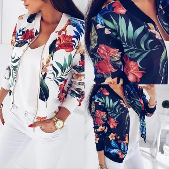 Damen Leichte Bomberjacke mit floralem Allover‑Print, Reißverschluss und Rippbündchen EB