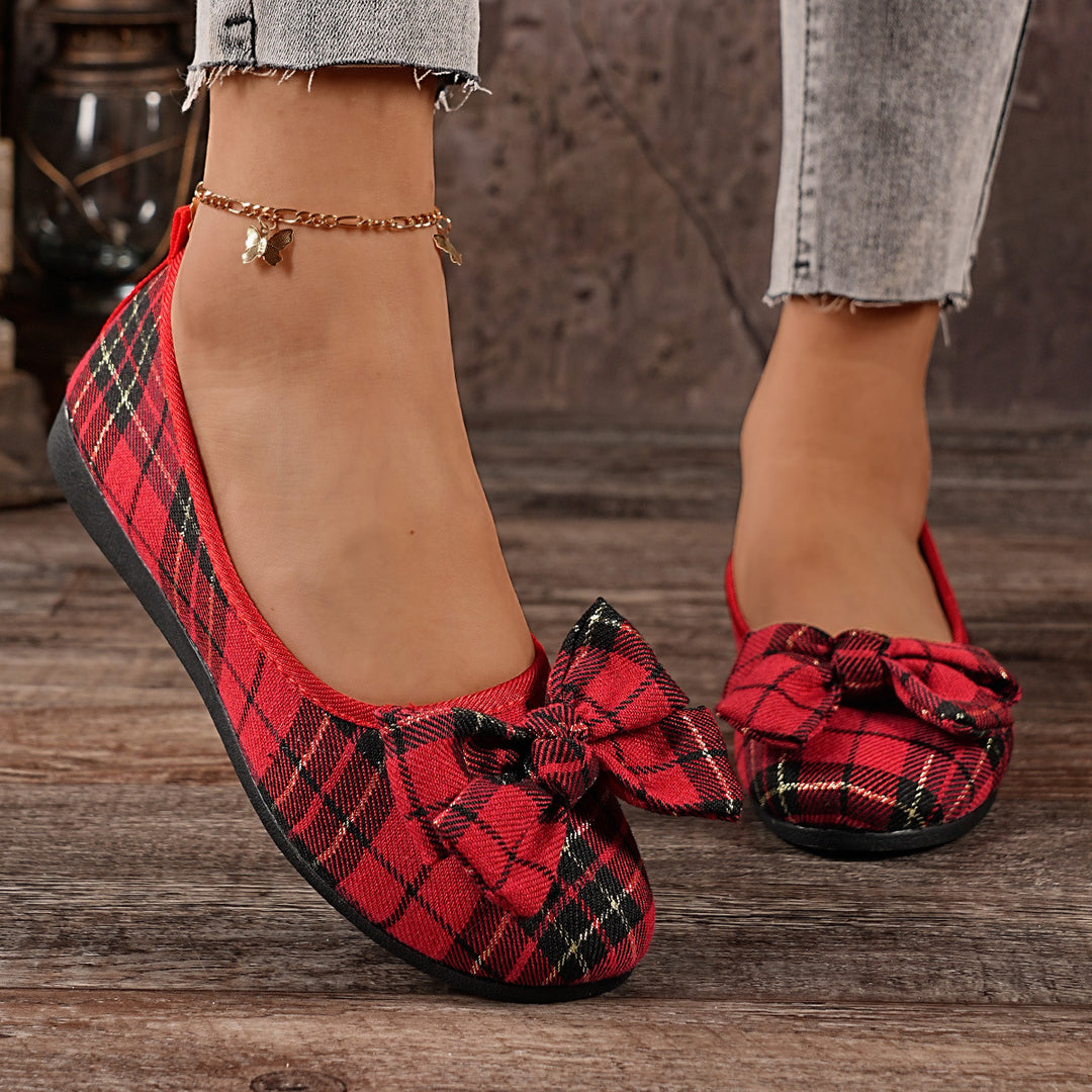 Damen  karierter Ballerina Slipper mit dekorativer Schleife und gepolstertem Komfortfußbett EB