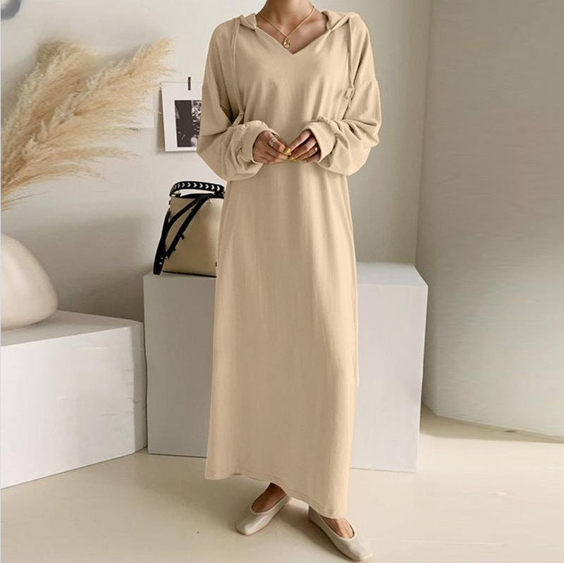 Damen nan lässiges Kapuzen-Maxikleid mit V-Ausschnitt, langen Ärmeln, lockerem geradem Schnitt und elastischen Bündchen EB