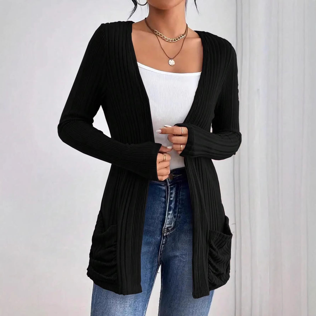 Damen Gerippter Langcardigan mit offener Front, Eingrifftaschen und legerer Passform EB