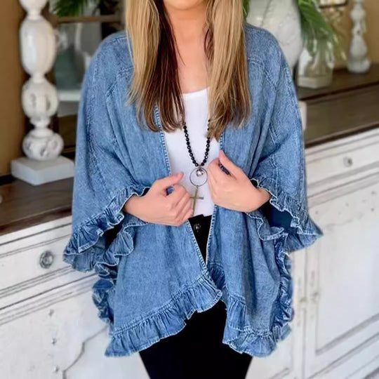 Damen lässiger Jeans-Cape mit voluminösen Rüschendetails EB