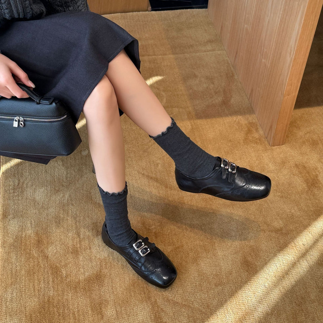 Damen Elegante Mokassins mit doppeltem Schnallenverschluss und durchbrochenem Design EB