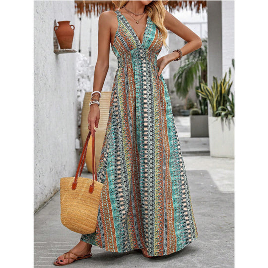 Damen Maxikleid mit tiefem V-Ausschnitt und schwingendem Rock EB