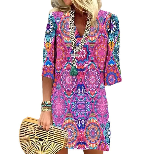 Damen Blusenkleid mit buntem mandala-inspiriertem Design und V-Ausschnitt Heidi-Mode