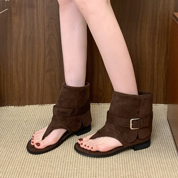 Damen modische Zehentrenner-Stiefeletten mit breitem Riemen und elegantem Schnallenverschluss EB