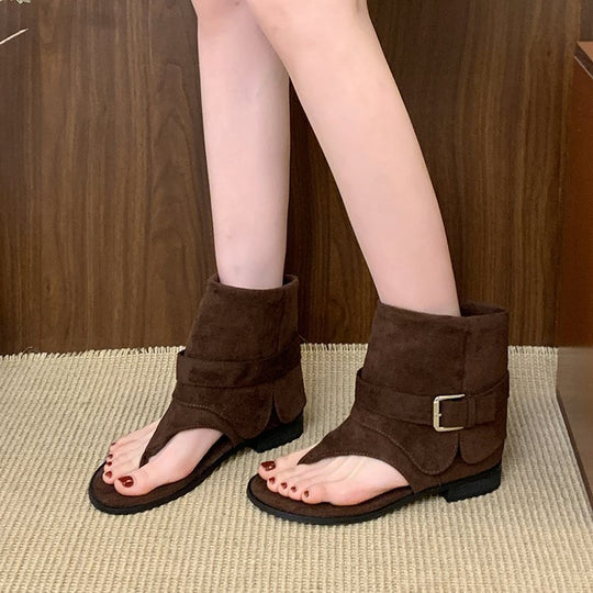 Damen modische Zehentrenner-Stiefeletten mit breitem Riemen und elegantem Schnallenverschluss EB