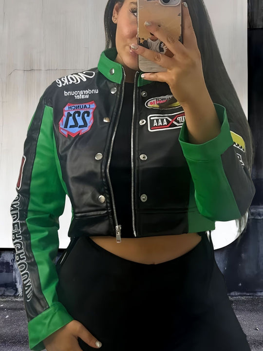 Damen trendige cropped Bikerjacke mit sportlichen Patches EB