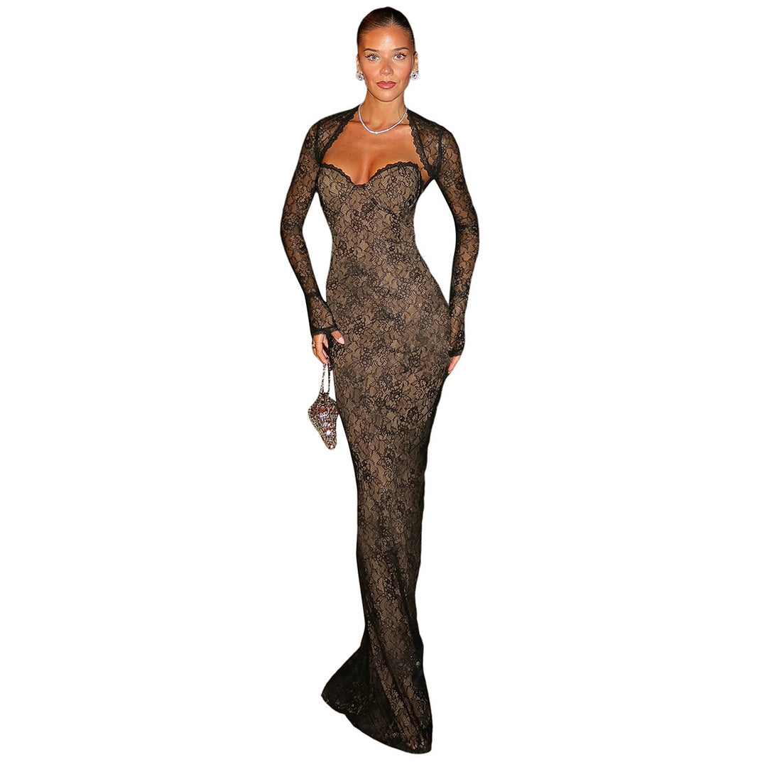 Damen Elegantes langes Spitzenkleid mit herzförmigem Ausschnitt und figurbetonendem Schnitt EB