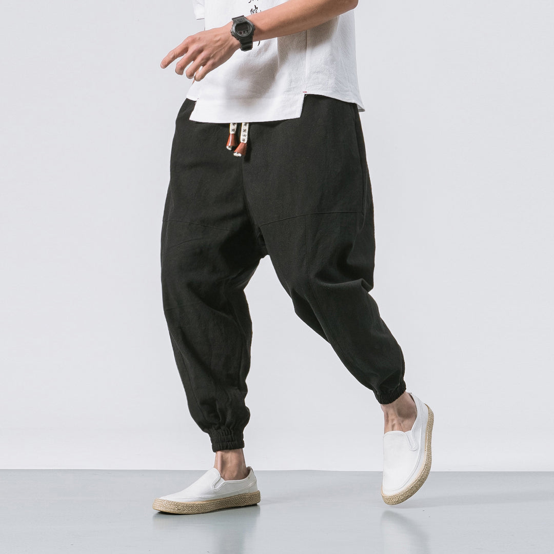 Herren nan relaxed Fit Leinen-Jogger mit Tunnelzug, eingesetzten Knieteilen und elastischen Bündchen EB