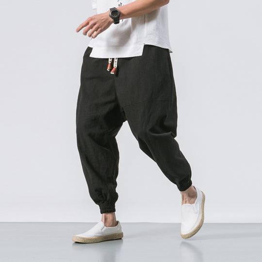 Herren nan relaxed Fit Leinen-Jogger mit Tunnelzug, eingesetzten Knieteilen und elastischen Bündchen EB