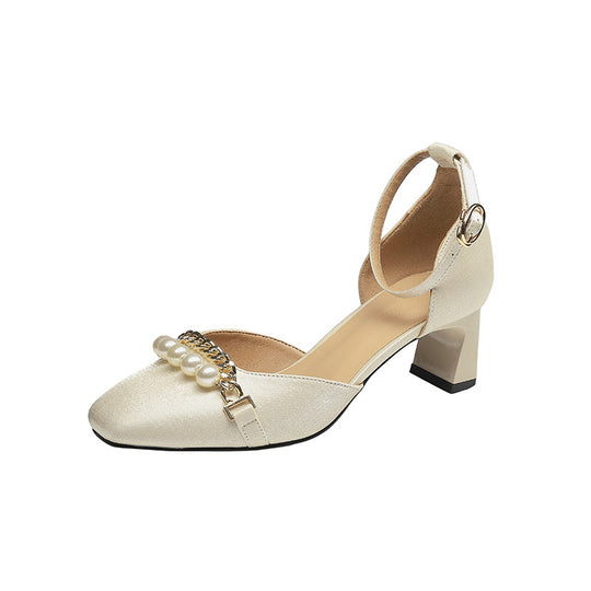 Damen elegante Mary Jane Pumps mit modischem Perlen- und Kettendetail EB