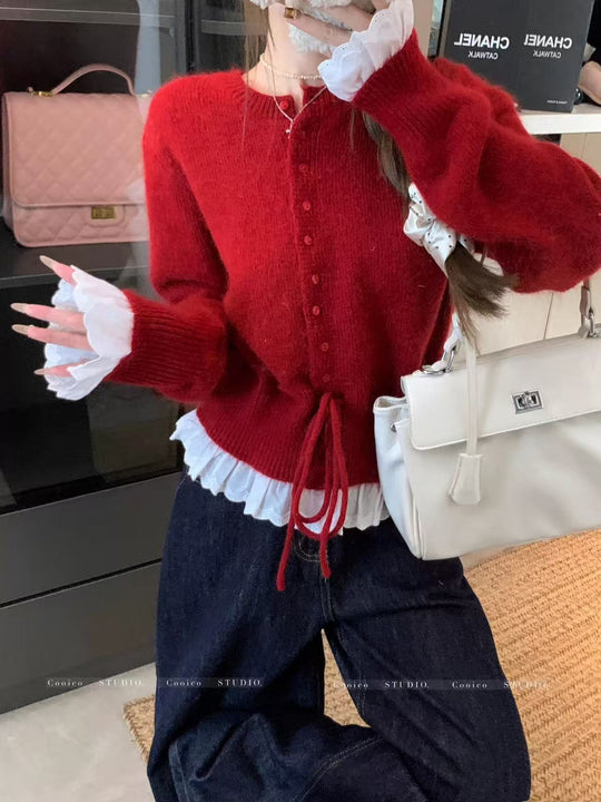 Damen kuscheliger Strickjacke mit fransigen Details und Bändchen EB
