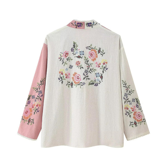 Damen Kimono-Jacke mit floralen Stickereien und elegantem Kragen EB