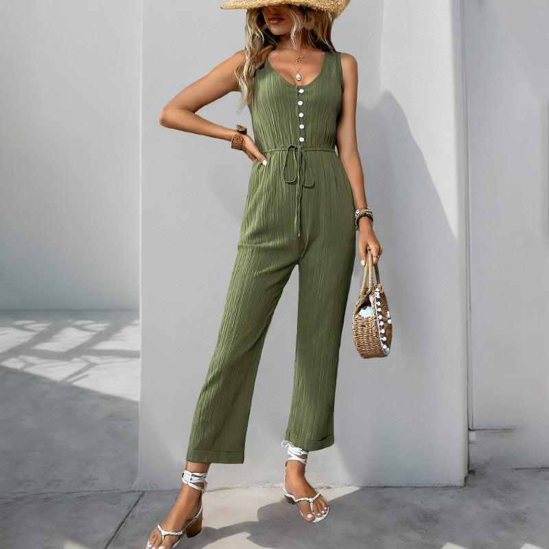 Damen eleganter Jumpsuit mit Knopfleiste und taillierbarem Gürtel EB