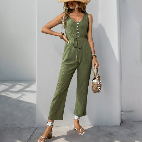 Damen eleganter Jumpsuit mit Knopfleiste und taillierbarem Gürtel EB