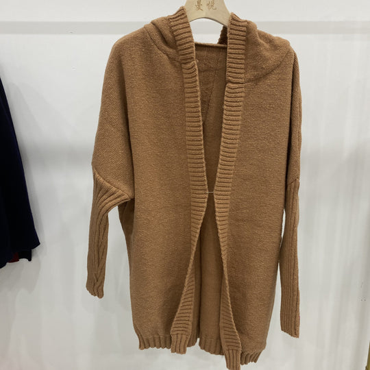 Damen Longline Kapuzen-Strickcardigan mit offener Front EB