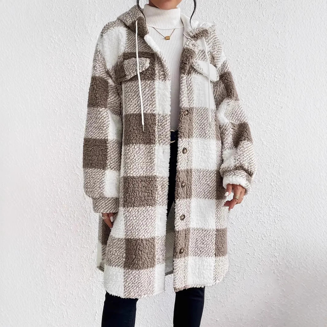 Damen Plüschige Karojacke im Oversized-Stil mit Knopfleiste EB