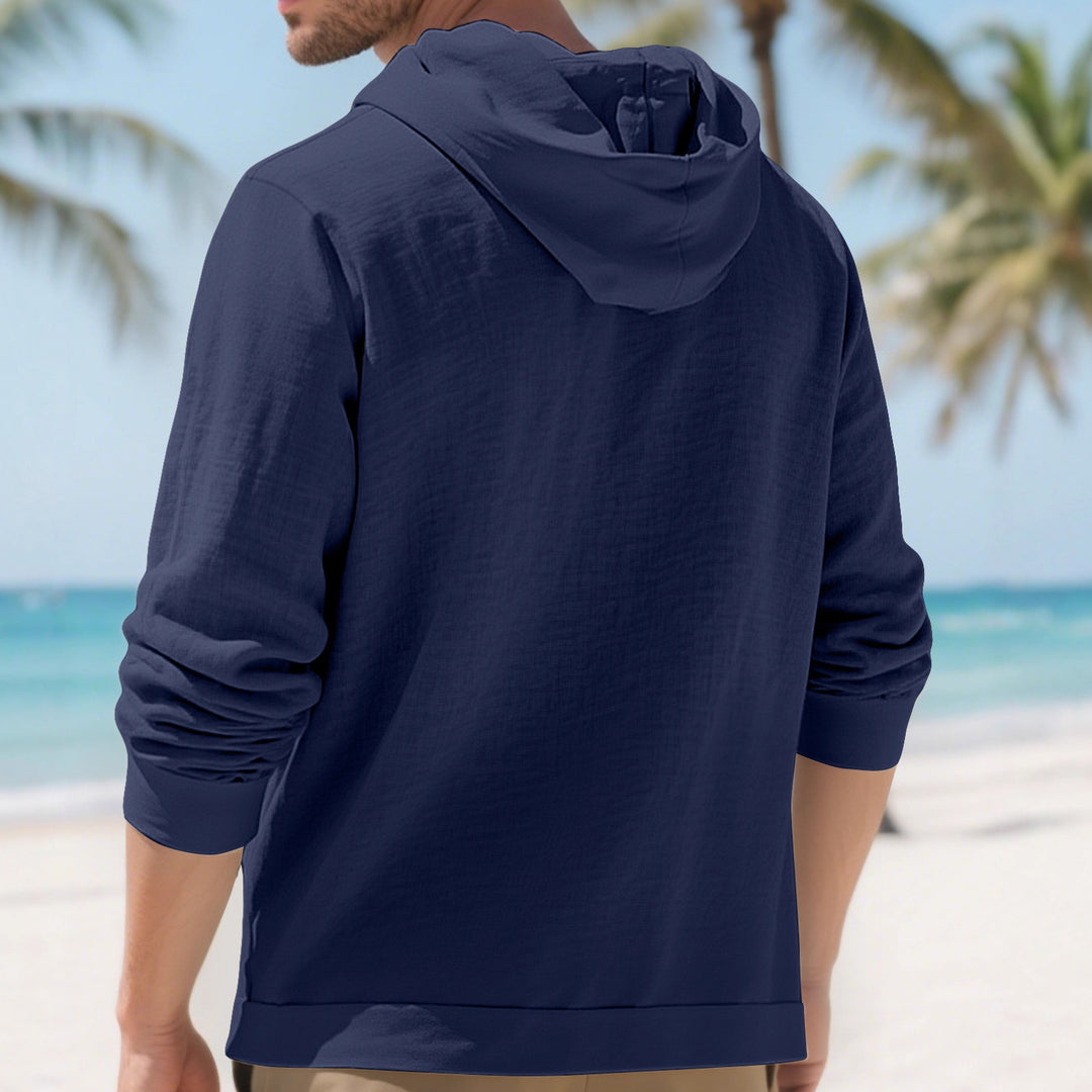 Herren nan leichtes Kapuzen-Übershirt im Crinkle-Look mit Holzknopfleiste und Kängurutasche EB