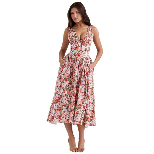 Damen Maxikleid mit floralem Design und praktischen Taschen EB