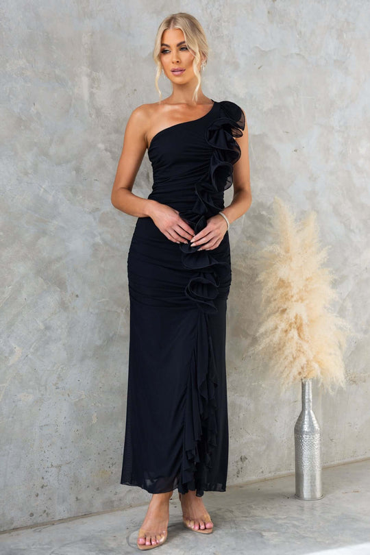 Damen Elegantes Rüschen-Maxi-Kleid im Stile einer Seite mit hohem Schlitz EB