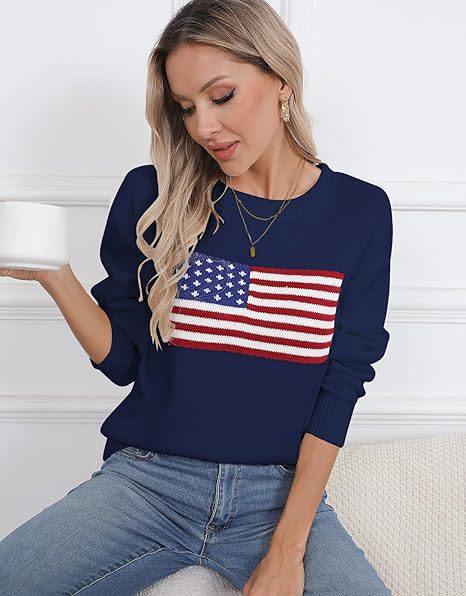 Damen Strickpullover mit Flaggenmotiv und lässigem Schnitt EB